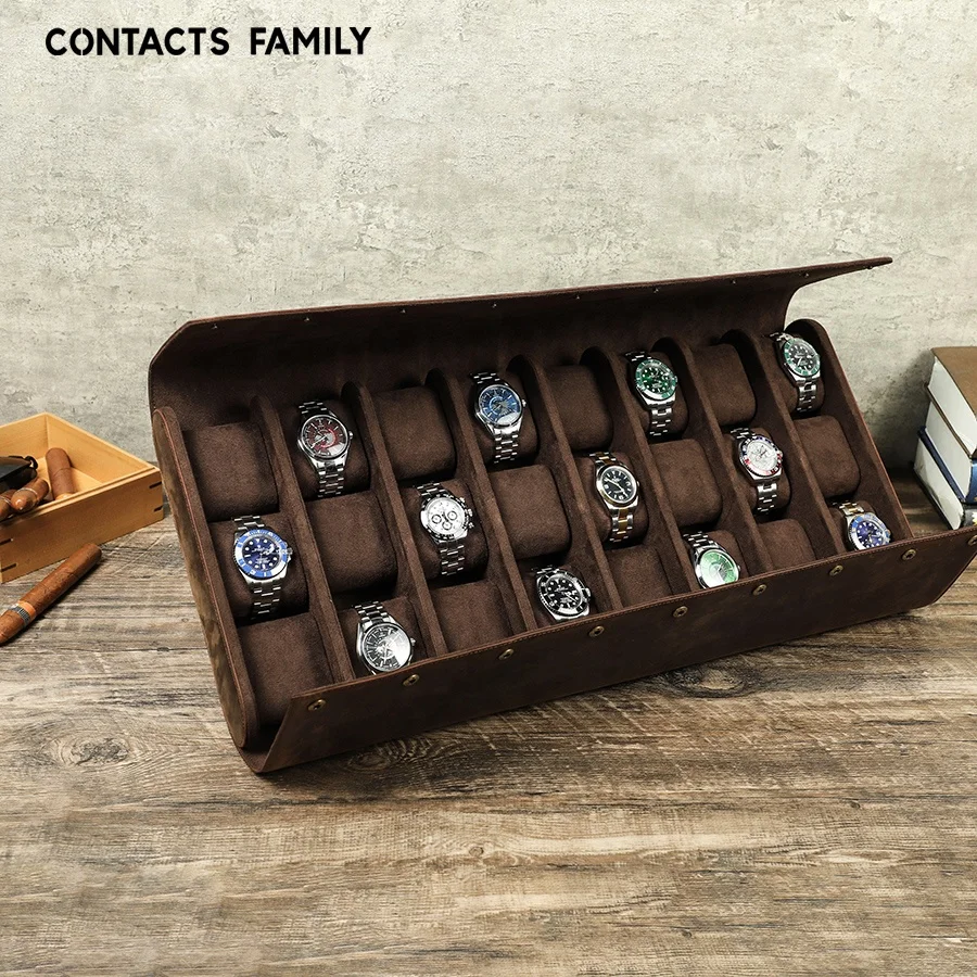 CONTACT'S FAMILY 24 Slot Luxury Watch Display Case Organizer Vintage Crazy Horse Leather Watch Box Organizer