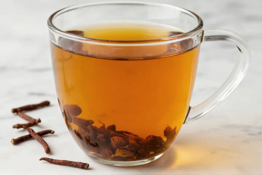 Freshly brewed clove tea in a white ceramic cup with whole cloves visible