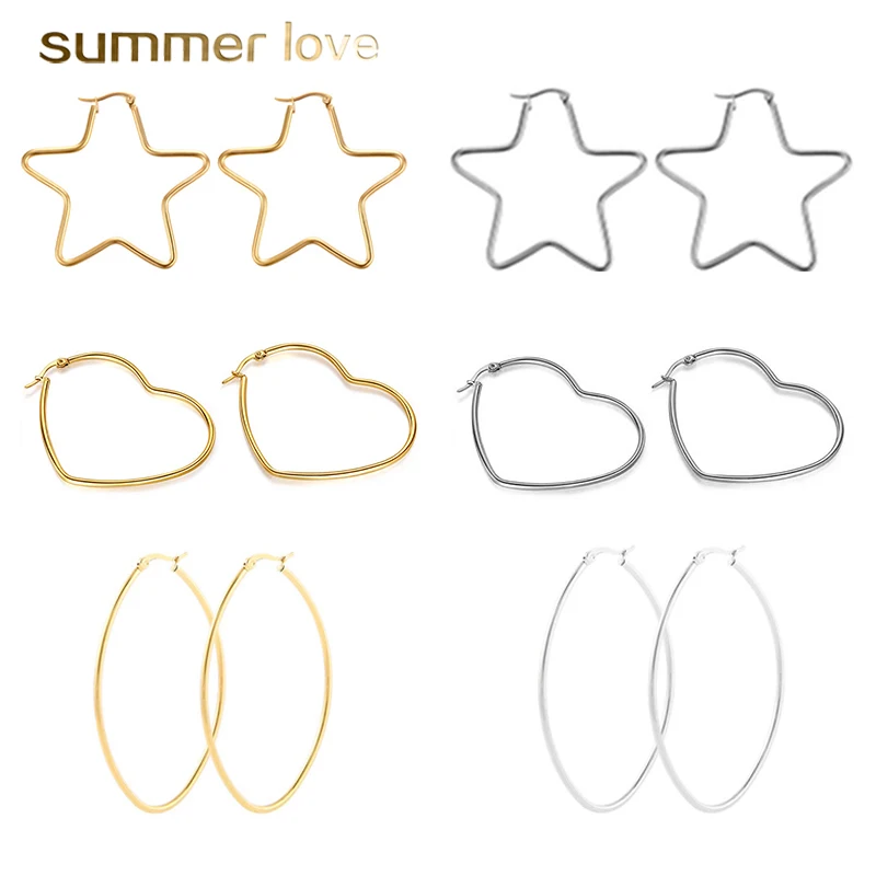 

2020 new best gift fashion silver gold star oval heart round earrings jewelry fashion stainless steel hoop earrings for women