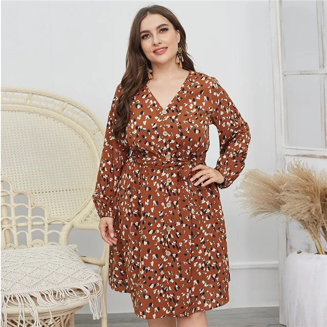 

2021 New Plus Size Dress Sexy Floral Long-sleeved Dress, Picture color