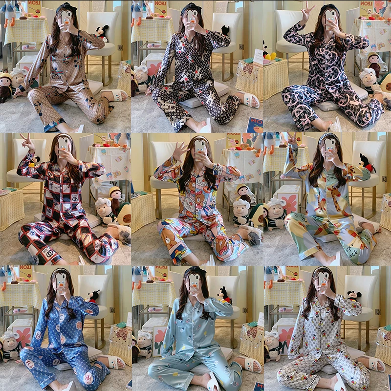 

Women's satin pajamas silk long sleeve with trousers 2pcs Set V-neck Top luxury style cartoons house wear women's sleepwear