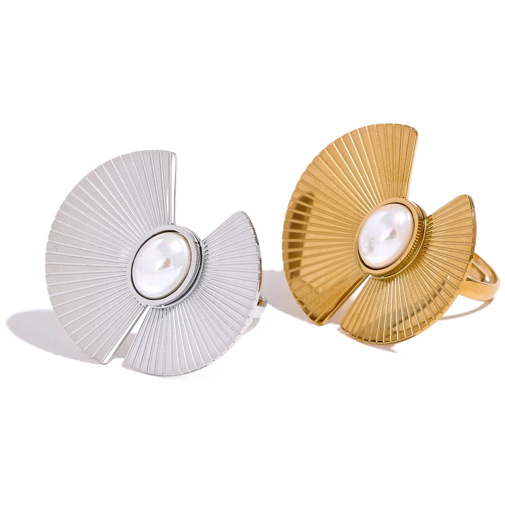 

JINYOU 2251 Fashion Stainless Steel Fan Flowers Artificial Pearls Ring for Women Hyperbolic Trendy Jewelry 2023 Wholesale