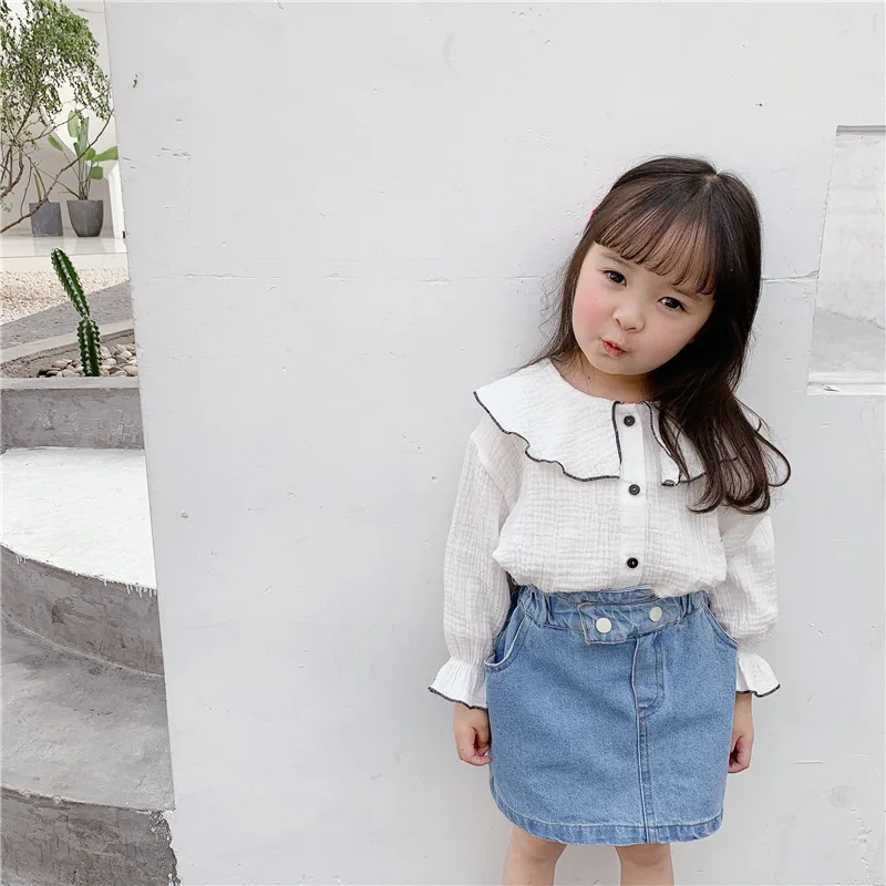 

spring little girls shirts blouses solid plain kids tops peter pan collar korean boutiques children clothes wholesale