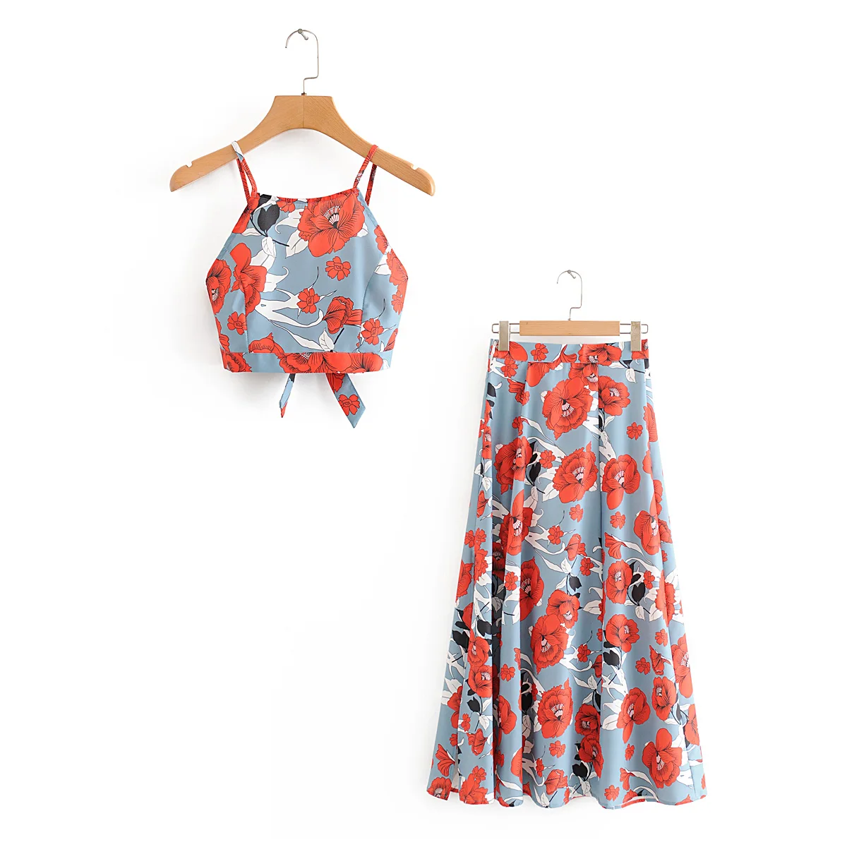 

Floral print split skirt suits women summer sexy crop back wrap top sets