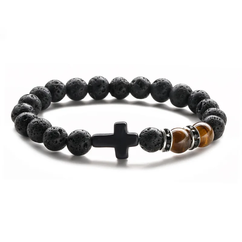 

Hot Selling Christian Charm Bracelets Beads Tiger Eye Black Frosted 8mm Natural Stone Beaded Cross Bracelet