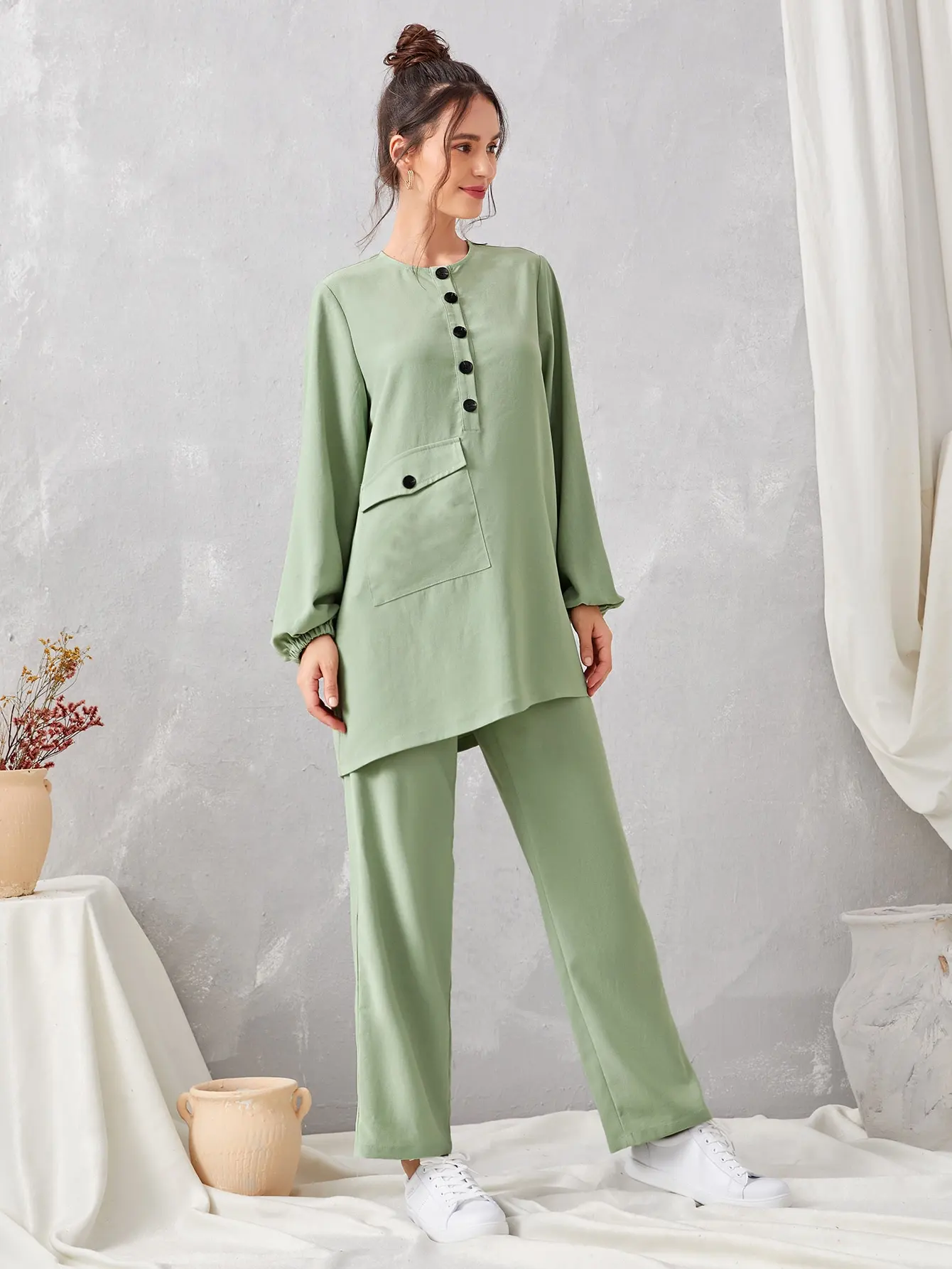 批发2件套春季秋季阿拉伯风格的服装竹纤维妇女半门襟主教袖上衣直腿