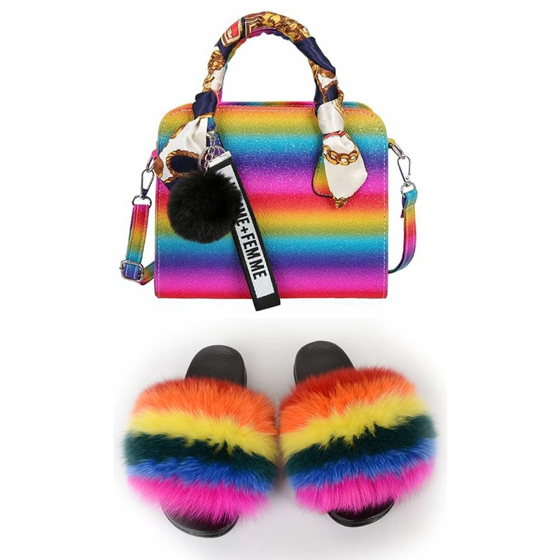 

Women Shoes Furry Slides And Purse Real Fox Fur Rainbow Sandles Matching Purses Fluffy Slippers With Match Handbag