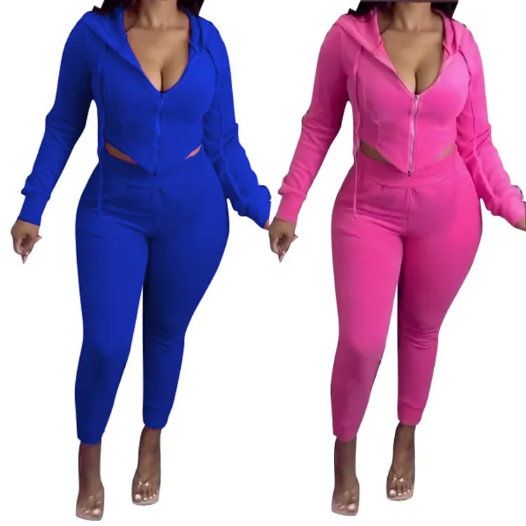 

Premium sports style casual wear sports suit hooded deep V sexy navel short coat tight pants suit