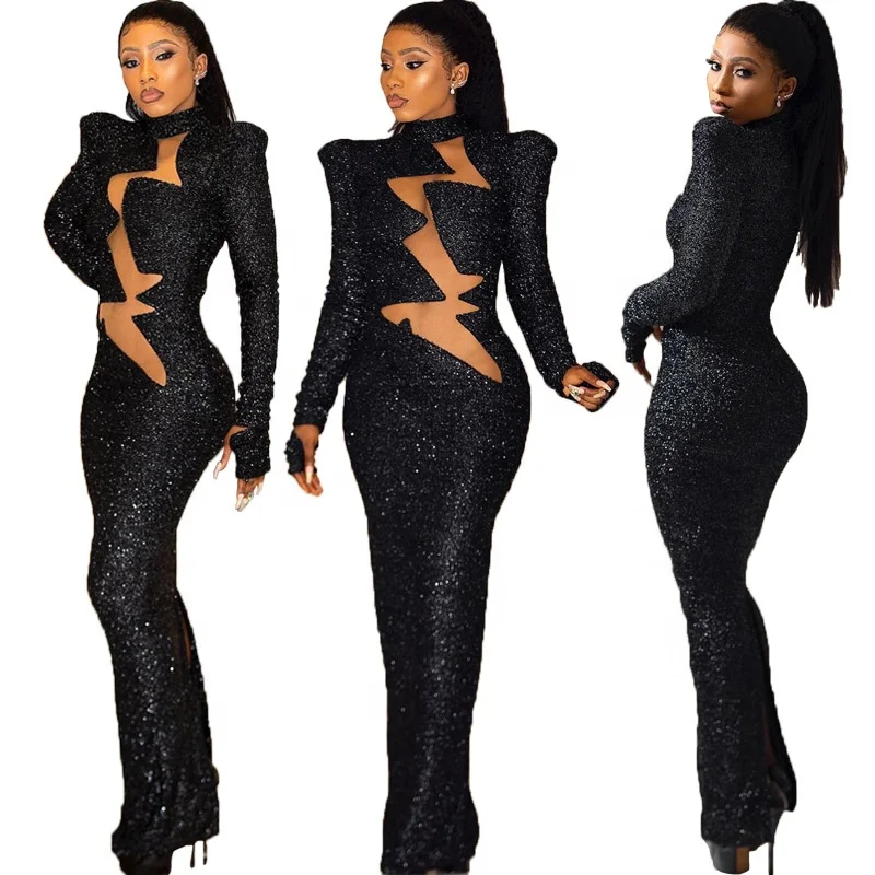 stretch long sleeve lining party sequin evening long dress