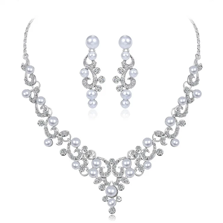 

Luxury Bridal Pearl Rhinestones Crystal Necklace Earrings Jewelry Sets for Wedding