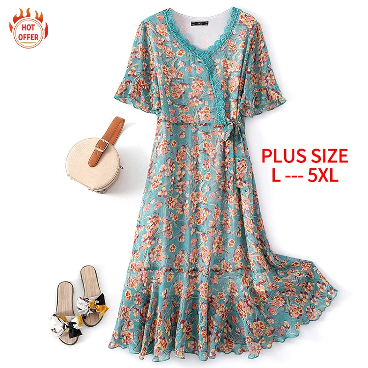 

High Quality V-Neck Half Sleeve Stylish Sexy Elegant Chiffon Floral Midi Woman's Summer Casual Plus Size Dress, Blue