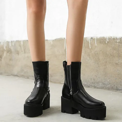 

Mirror Upper Winter High Platform Side Zip Round Toe Women Mid Calf Boots Fashion Chunky Heel Short Booties For Ladies Big Size, Black