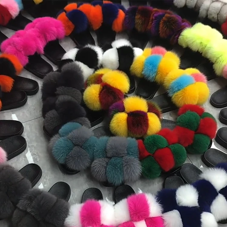 

Fashion design big pom pom raccoon fox ball fur slides slippers women fluffy pompom real fur slides, Customized color