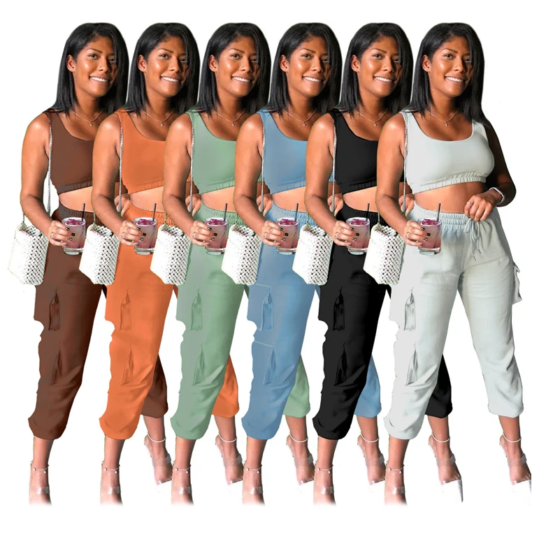 

Wholesale Solid Color Crop Top Pockets Cargo Pants Ladies Sports Gym Casual Women 2 Piece Outfits Pant Sets