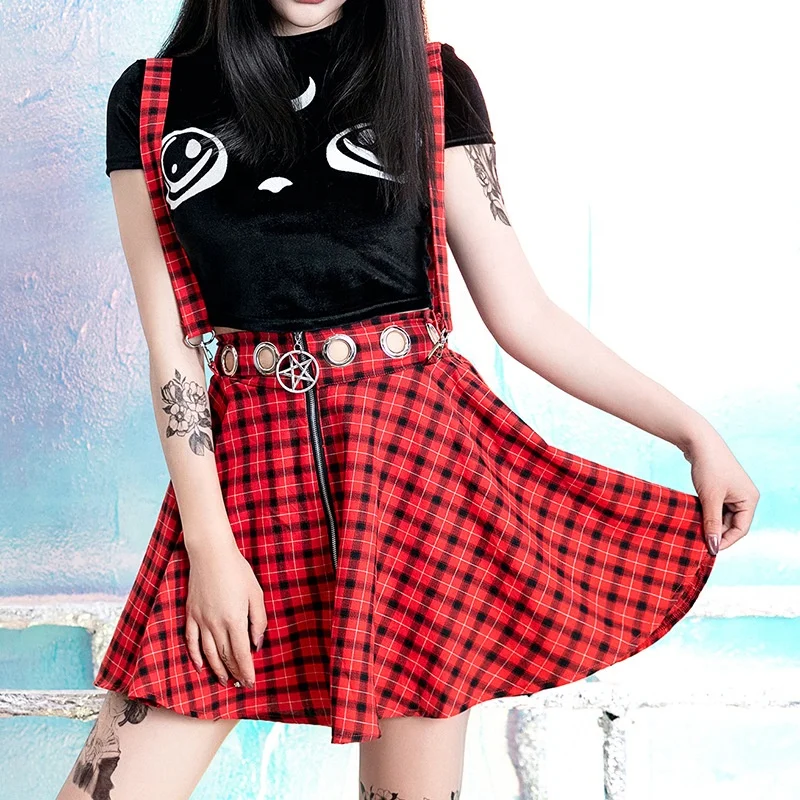 

Low MOQ hot sales vintage red plaid suspenders skirt ladies