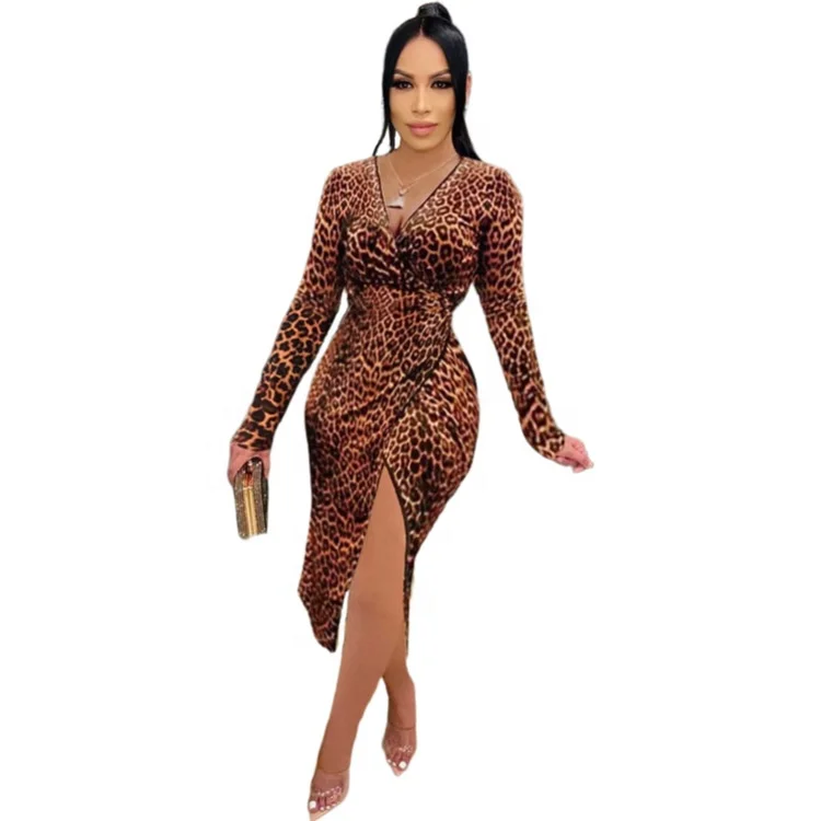 

2021New Design Autumn Winter One Piece Casual Sexy Slim V-neck Leopard Print Long Sleeve Vented Long Dress