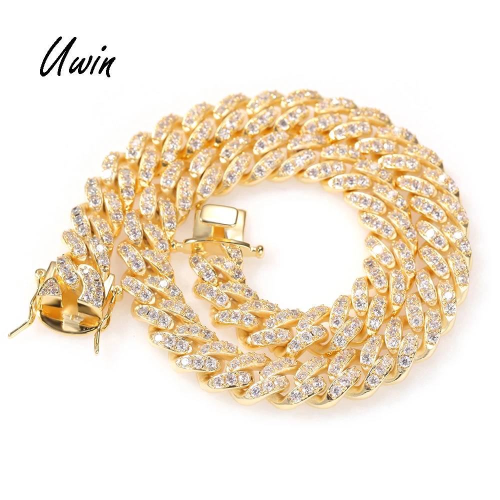 

UWIN 12mm CZ Prong Cuban Chain Choker Women Men Cuban Link Miami Necklace Wholesale Jewelries