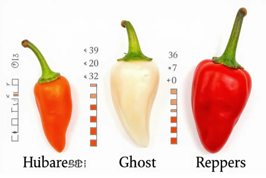 Comparison of hot chili peppers including habaneros, ghost peppers, and Carolina Reapers on white background with Scoville scale indicators