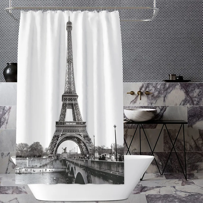 

3D Black and White Shower Curtain Paris Eiffel Tower Fabric Shower Curtain Fabric Bathroom Decorations set for bathroom, 5 colors