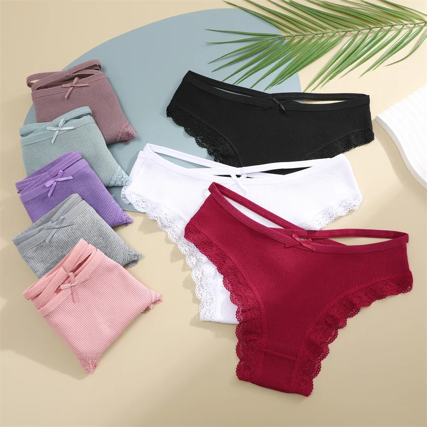 

FINETOO 2023 Hot Women Sexy Low Waist Daily Cotton Panties Lace Edge Underwear Lady Breathable Comfortable Underpants