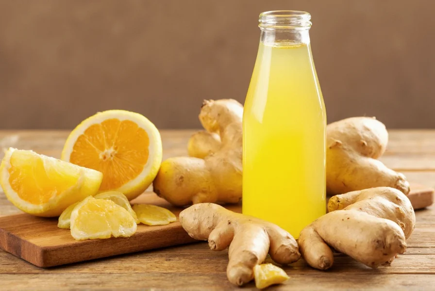 Glass bottle containing golden ginger juice next to fresh ginger root and citrus slices on wooden table
