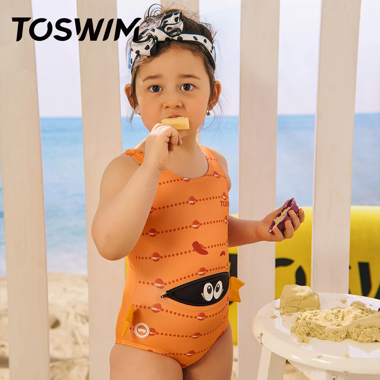 

2-8 Years Old Girl One piece Swimsuit Toddler Kids Swimwear Sleeveless Beachwear for Child Lovable Crab Style Big Eyes pattern, Orange