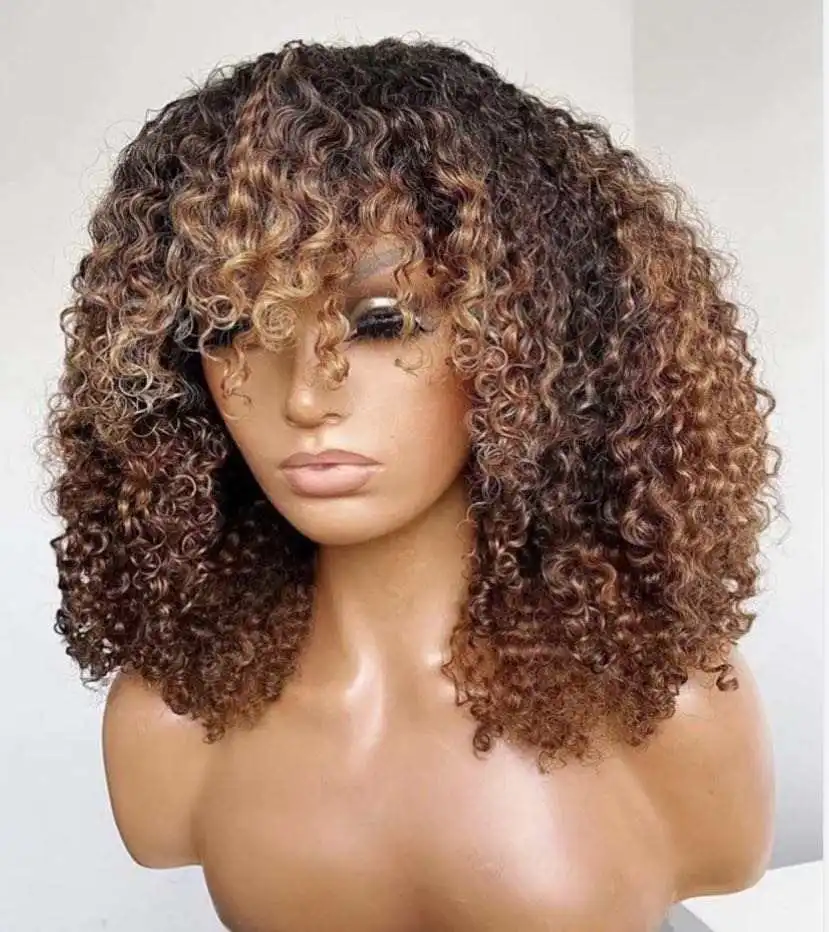 

Cuticle Aligned Virgin Hair Glueless Wig Highlight Curly Bob Wigs with Bangs Non Lace Human Hair Wigs for Black Women