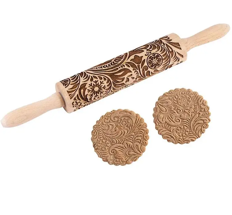 

MZL Christmas Flower Snowflake Pattern Rolling Pin Christmas Beech Wooden Embossing Baking Rolling Pin Kitchen Rolling Pin