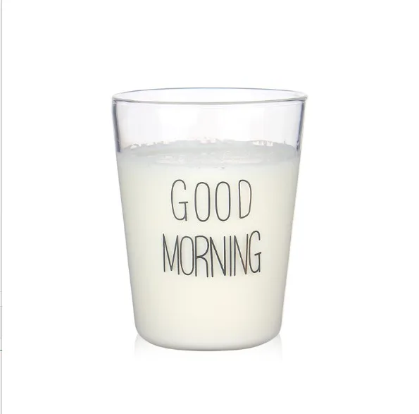 

400ml Good Morning Print Glass Cup Transparent Coffee Milk Tea Mug Fruit Juice Beer Whisky Water Drinking Container Caneca, Clear transparent