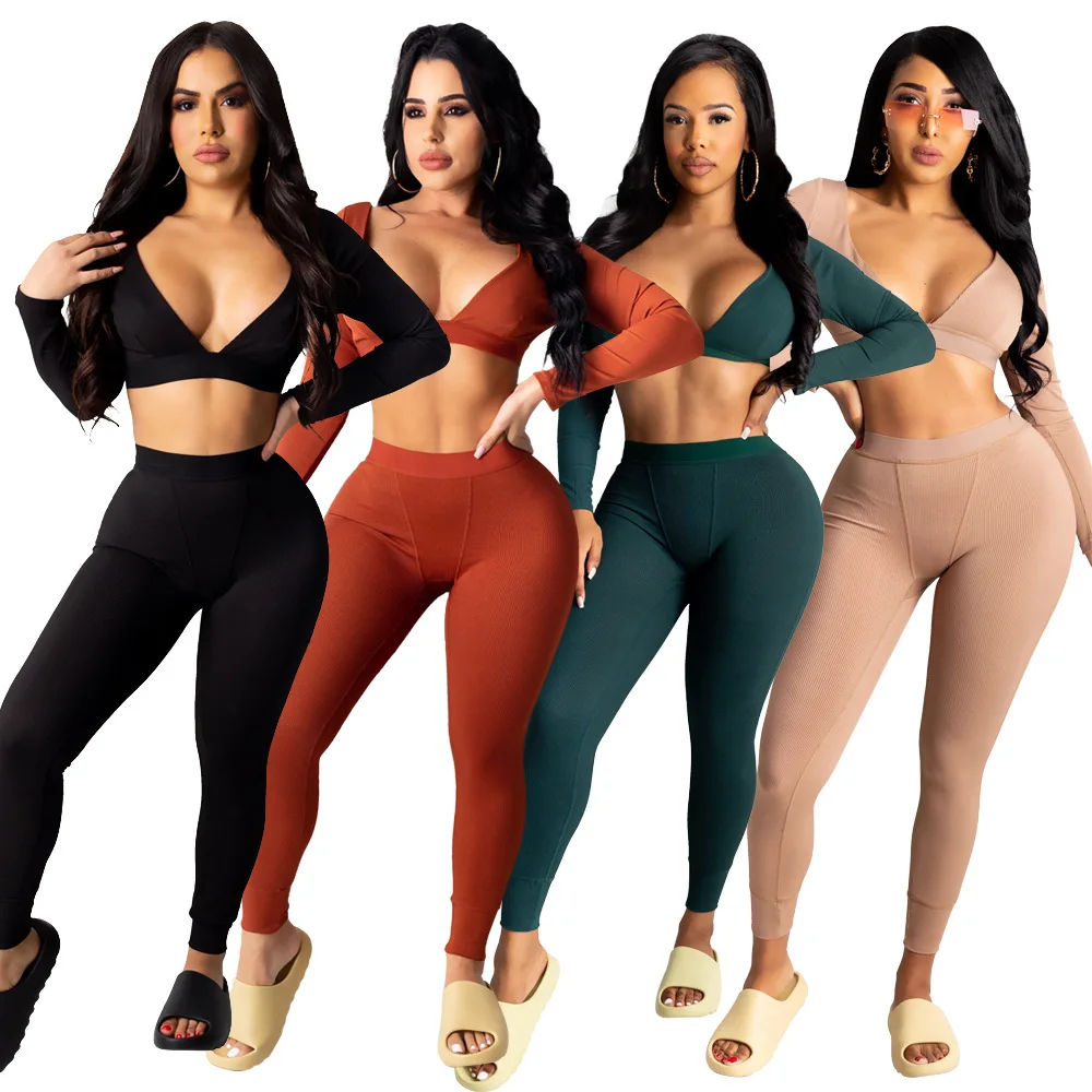 

Sexy long sleeve short top casual Leggings solid color bodycon fashion two piece pants set