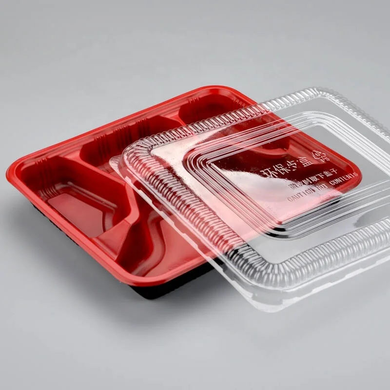 

disposable 4 compartment lunch box plastic food container, Reddish black