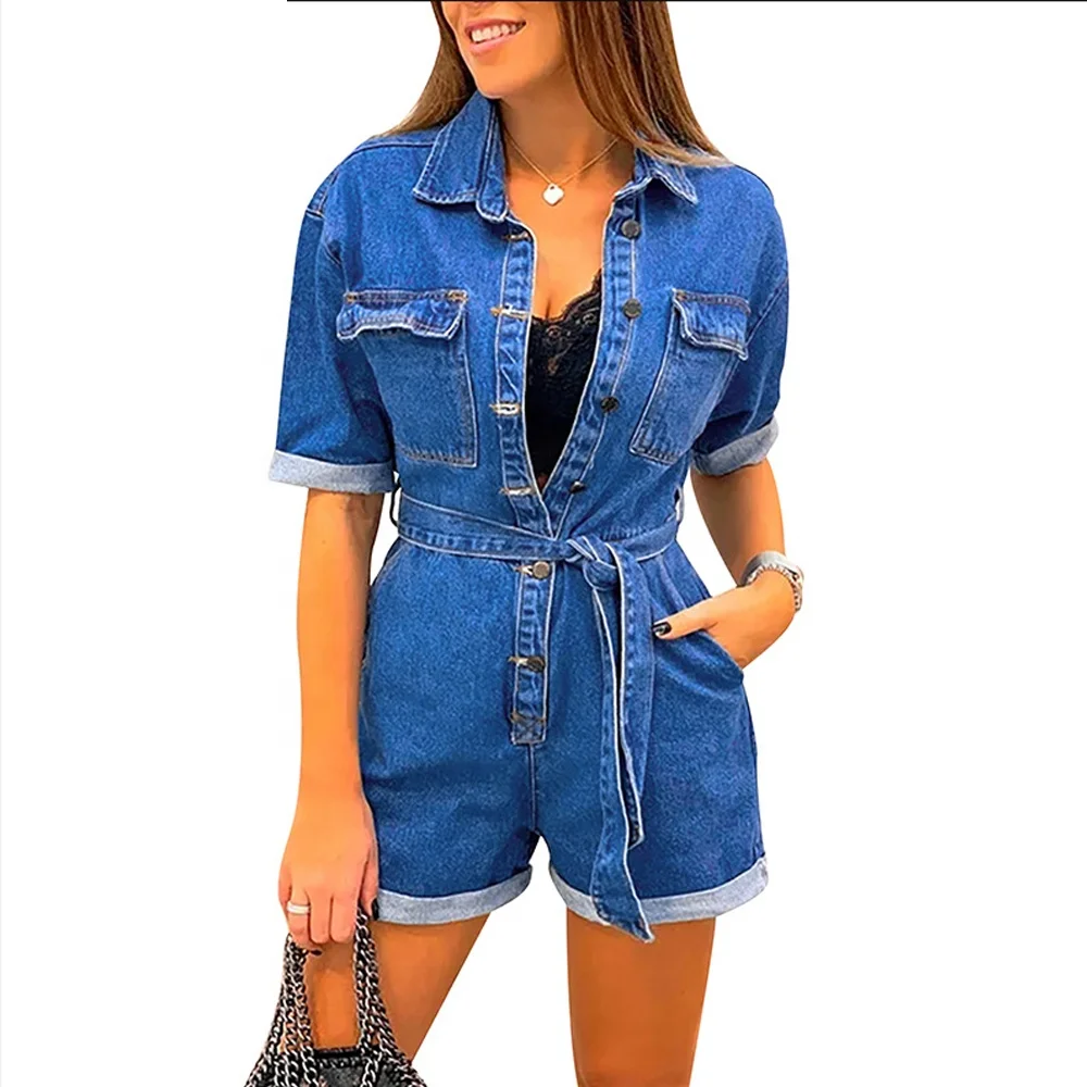 

2020 Amazon hot sales fashion models belt fashion denim jumpsuit women's overalls