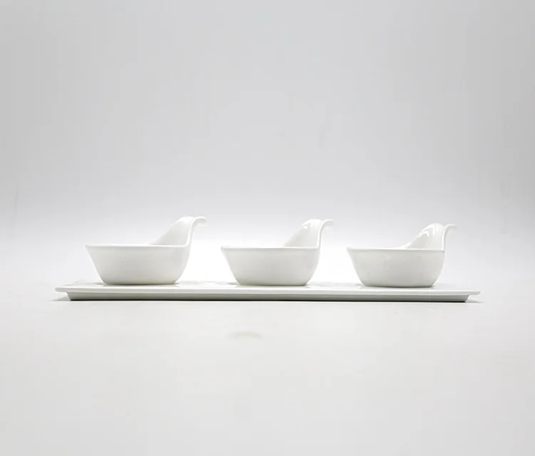 Wholesale Good Quality Restaurant Tableware Sauce White Porcelain Serving Plate Tray Bowls Sets Snack Ceramic Dishes with Handle