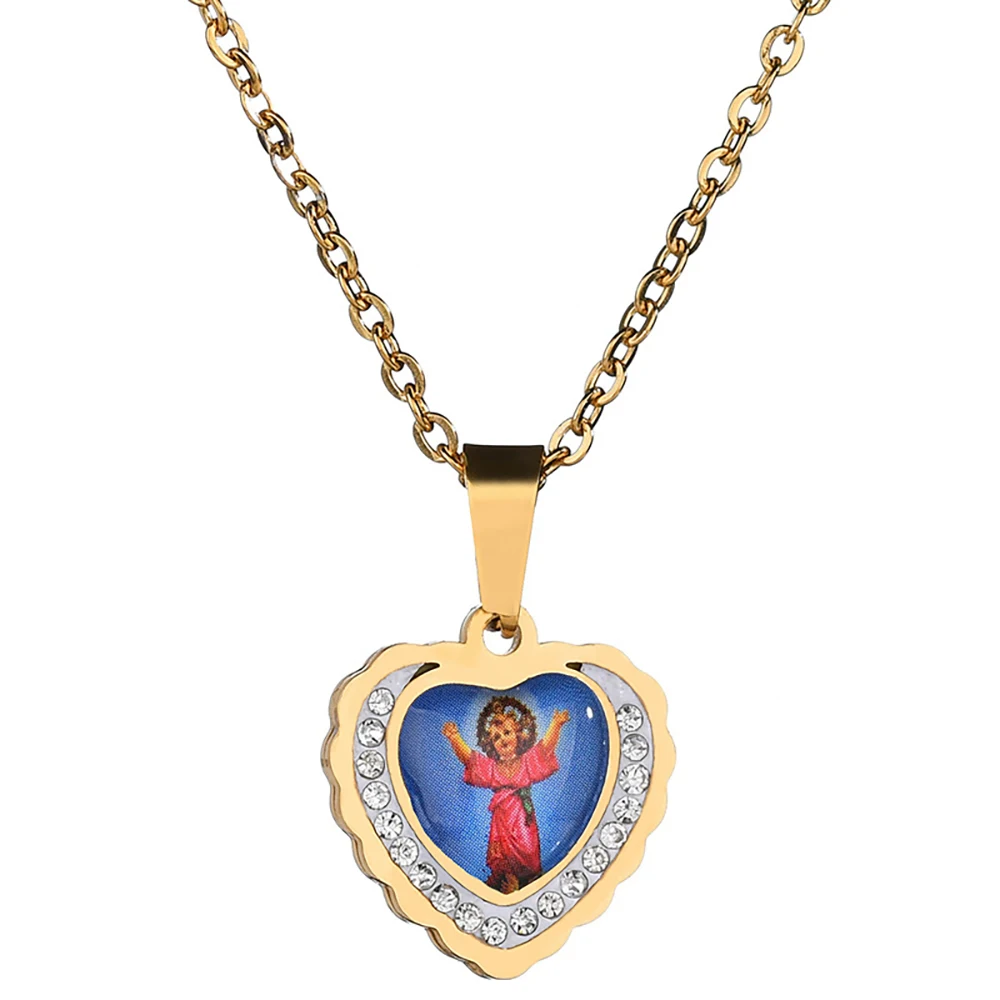 

Christian Jesus mama virgin mary religious zircon heart pendant epoxy stainless steel women resin necklace, Steel color, golden