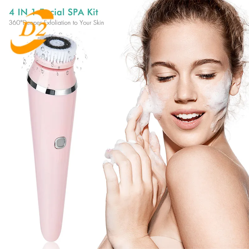 

4 in 1 Facial Cleansing Brush Silicone Waterproof Electric Rechargeable Blackhead Exfoliating Skin Care Face Cleaning Brush, White,pink,green