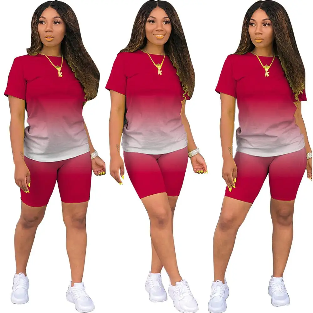 

LO-200632 Gradient 2 Piece Biker Shorts Set Women Casual Dresses Two Piece Set Womens Biker Short Sets