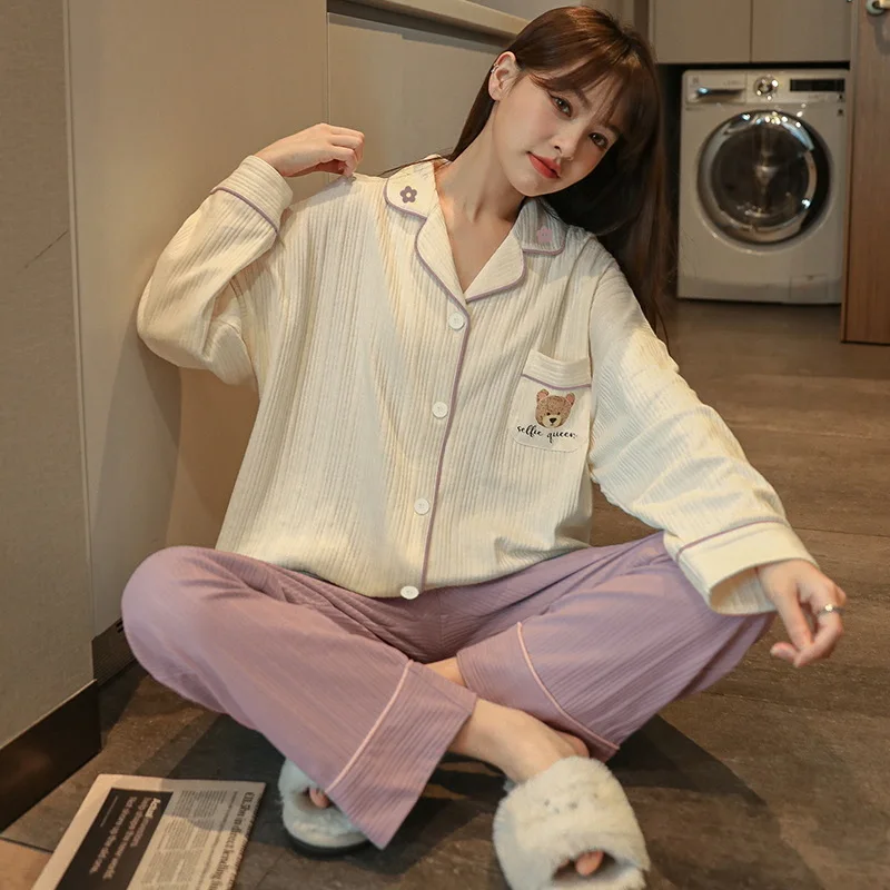 

Women's pajamas knitted cotton cardigan long sleeve autumn and winter style simple wearable casual pyjama women home wear