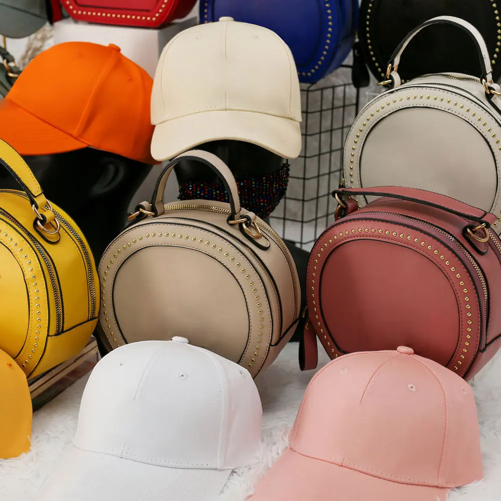 

2021 Fashion Wholesale Fashion Crossbody White Purse Bags Women Handbags Ladies Single Shoulder Round Handbags and Hat Set, Colors