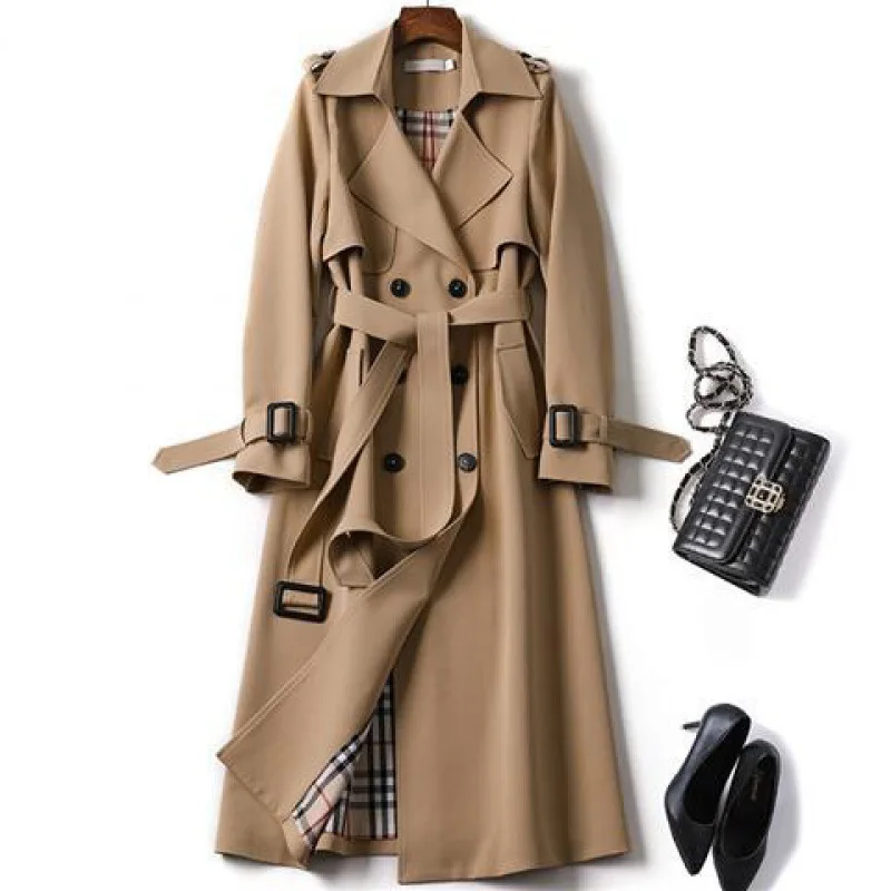 

hot sale British over-the-knee mid-length plus size women's coats strappy trench coat, As shown