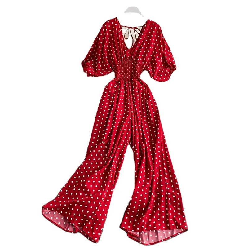 

2022 Sexy V-neck dolman sleeves waist slim polka dot print jumpsuit Bohemian wide-leg trousers jumpsuit Cami Jumpsuit