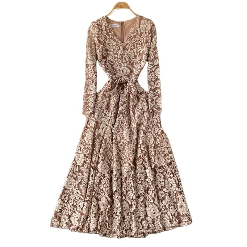 

Hot Selling Lace Embroidery Floral Dress Tying V-neck Long Sleeves Dress Women Temperament Evening Party Dress