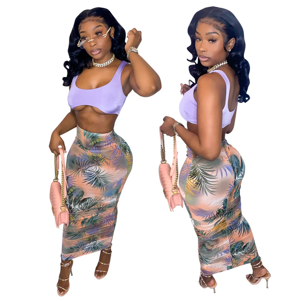 

Spring Trendy Women High Waist Long Skirts Mesh See Through Leave Printed Pleated Skirt