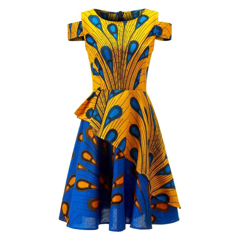 

2021 hot selling african print dress peacock printing short sleeve off shoulder maxi Dress Designs For Women, Customized color