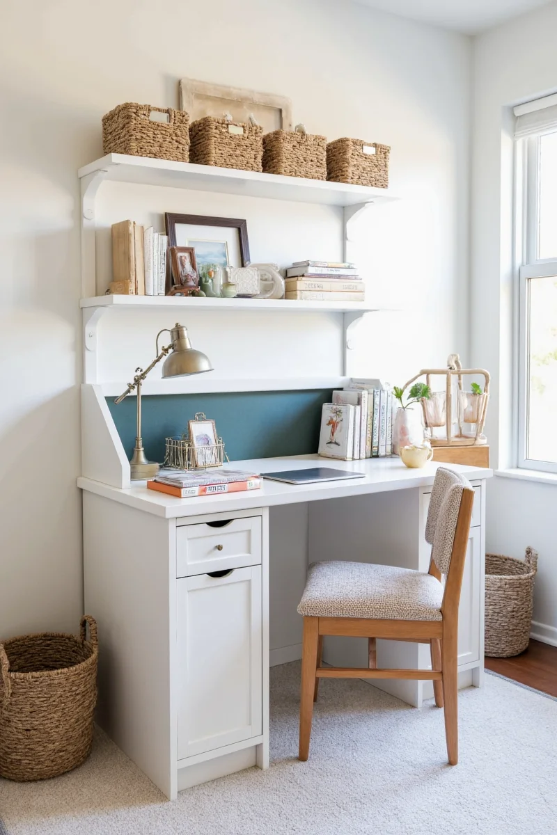 Holiday-themed guest bed office with mini wreaths and twinkling lights