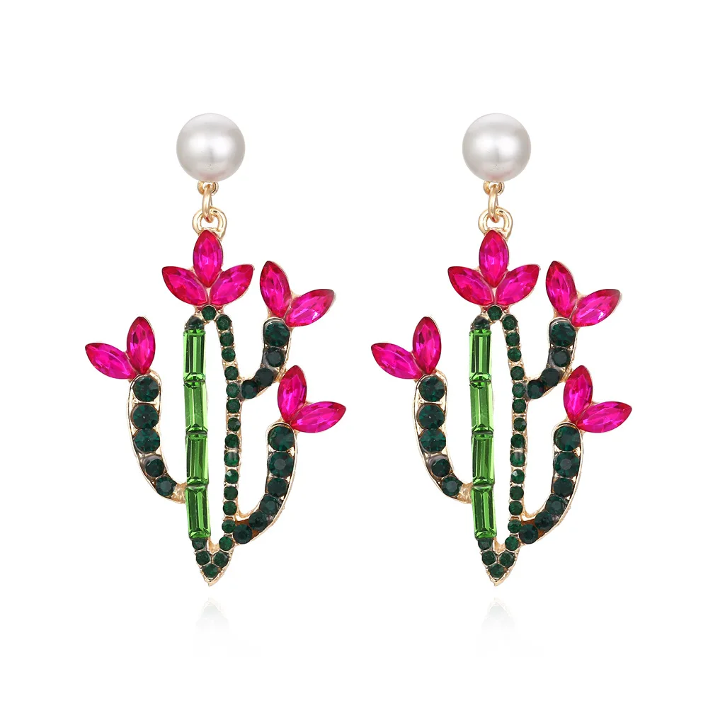 

Exaggerated Cactus Color Diamond Earrings Personality Creative Alloy Diamond Plant Flower Earrings Women 2021, Like picture