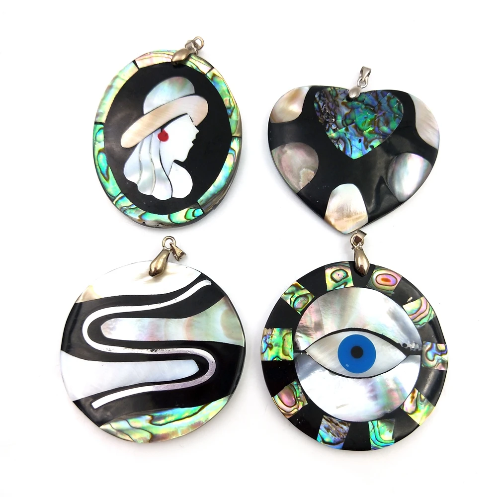 

Wholesale Evil Eye Connectors Abalone Pearl Shell Heart Pendant Elegant Lady winding road black green Natural Jewelry DIY charms, Multi