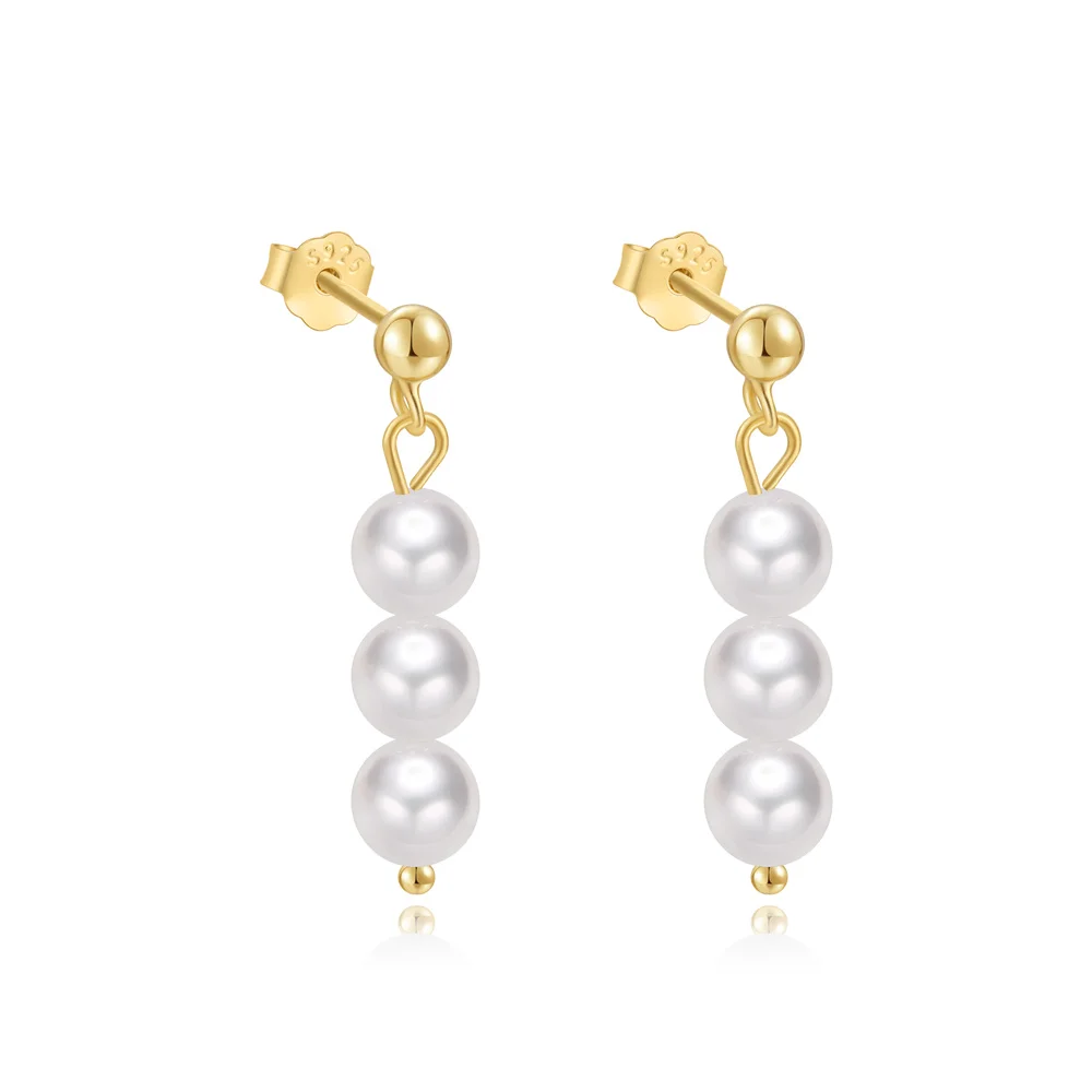 Wholesale Fashion Jewelry 925 Sterling Silver Simplicity Dangling Pearl Gold Plated Stud Earring Jewelry for Women