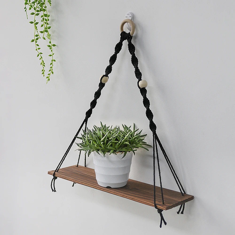 

Decorative Handmade Macrame Wall Tapestry Black Pot Floating Plant Stand Holder Hanger Shelf Garden Swing Hanging Hogar Decor