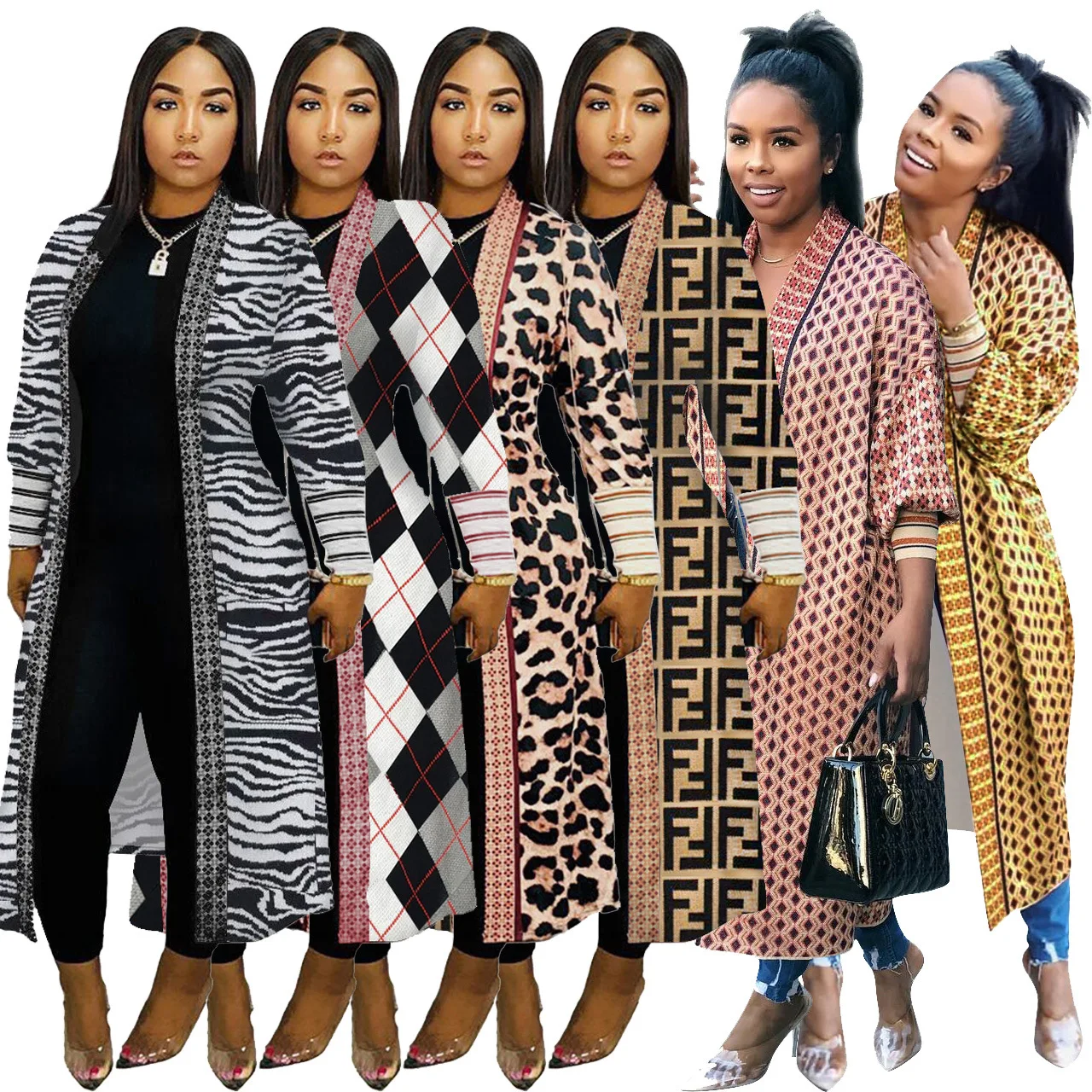 

African Printed Long Trench Coat Womens Cardigans Elegant Outwear Fashionable Rhombus Printed Long Coat For Women, Pink, light coffee, leopard, light grey, apricot, plaid