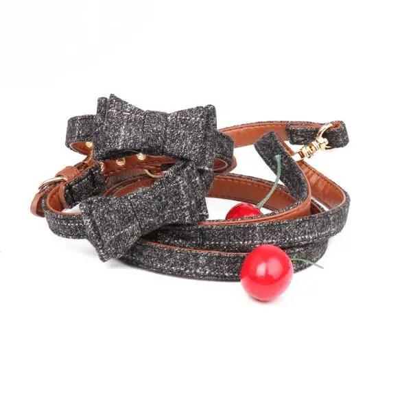 

Factory Directly Sale Leather Dog Plaid Bowtie Collar With Pet Strap Rope Leash